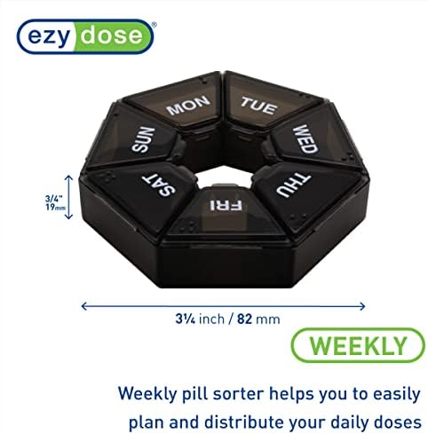 EZY DOSE 7-Day Weekly Pill Organizer, Daily Medicine Container and Vitamin Planner, Round Supplement Case, Compact, Travel Friendly, Portable Storage Sorter, 7-Sided Circle, Black, BPA Free