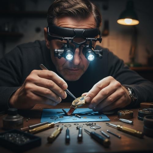 Magnifying Glass for Watch Repair with 2 LED Lights, 8 Interchangeable Lenses 10X-25X Magnification Jewelry and Electronic Repair Tool