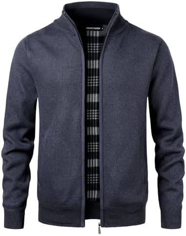 Men's Knitted Cardigan Sweater Fleece Lined Knitwear Stand Collar Jumper Full Zip Outerwear Thin Jacket