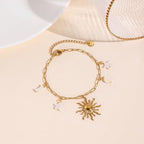 Sun and Moon Star Stainless Steel Bracelets for Women Bohemian Gold Charm Adjustable Paperclip Chain Bracelet for Summer Beach Party Holiday Vacation Jewelry Gift