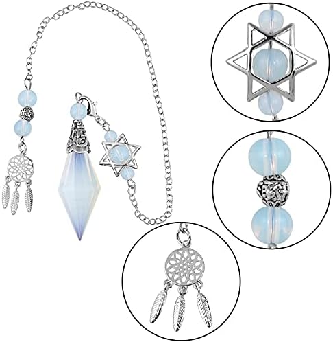 TUMBEELLUWA Reiki Healing Crystal Point Pendulum Dowsing Divination, Reiki Meditation Faceted Stone Pendant with Dream Catcher and Merkaba Star Chain, Opalite