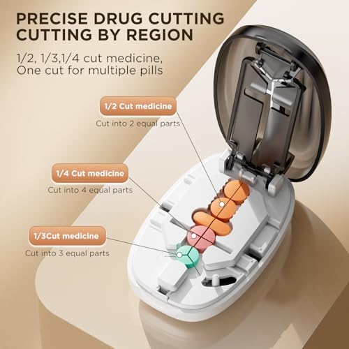 Pill Cutter Splitter for Small and Tiny Pills, Professional Adjustable Pill Cutter with Stainless Steel Blade, Precise Cuts into 1/2, 1/3, 1/4, Portable Travel Sized Design for All Tablet (Black)