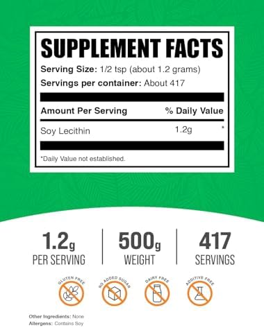 BulkSupplements.com Soy Lecithin Powder - Lecithin Supplement, Nutritional Supplement, Food Grade - Gluten Free, 1.2g per Serving, 500g (1.1 lbs) (Pack of 1)