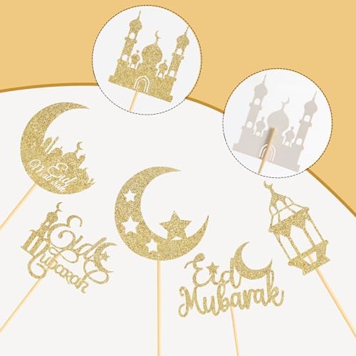 60 Pcs Eid Mubarak Cupcake Toppers,Glitter Moon Star Ramadan Kareem Cupcake Toppers for Eid Islamic Muslim Party Cake Decorations