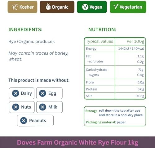 Doves Farm Organic White Rye Flour 2.2 lb (1 kg) - Ancient Grain Light Rye Flour for All British Baking: Breads, Sourdoughs, Cakes, Cookies & More | Kosher & Vegan Friendly | Imported From UK
