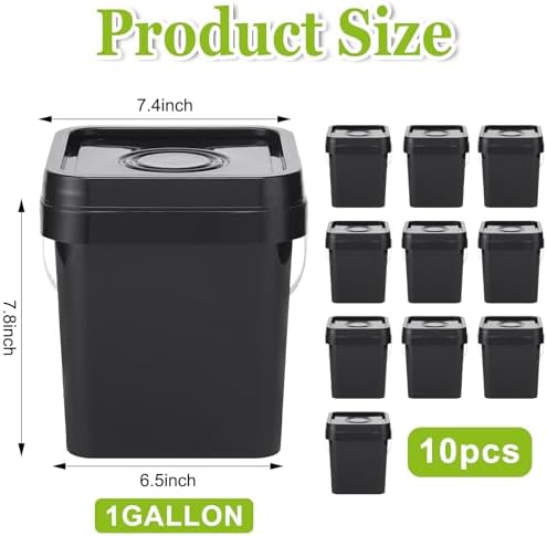 Suzile 10 Pcs Food Grade Square Bucket with Lid 1 Gallon Plastic Bucket 4.5L Utility Industrial Pail with Handle Container for Food Oil Tub Water Fishing Paint House Cleaning Car Washing (Black)