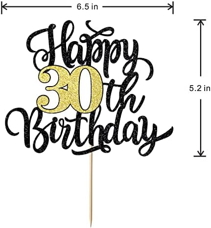 Happy 30th Birthday Cake Topper, Black Gold Glitter Birthday Cake Topper, 30th Anniversary/ 30th Birthday Party Decoration Supplies