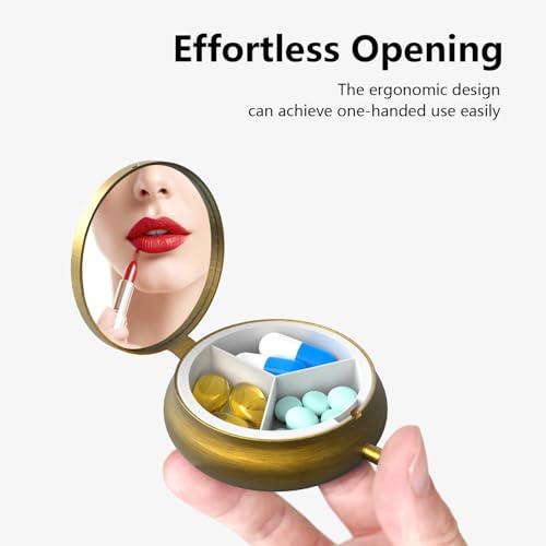 Small Pill Case Pill Box with Mirror Retro 3 Compartment Pill Holder for Purse or Pocket Bronze Portable Medicine Vitamin Container Fish Oil and Supplement Storage BPA-Free(Retro Bird and Flower)