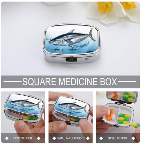 Bluefin Tuna Pill Box with 2 Compartments and Mirror Portable Pocket Pill Case Metal Travel Medicine Organizer Purse Medicine Holder for Vitamin Supplement Fish Oil