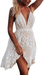 1 Pack Summer Women's Knee-Length Sexy Backless Dress, V-Neck Elegant Wedding Beach Dress, Suitable for The Beach(White L)