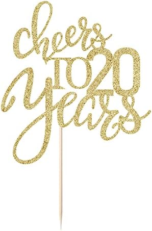 Gold Glitter Cheers to 20 years Cake topper, Happy 20th Birthday Cake Decorations,Perfect for 20 Years Cake Decorating,Wedding/Anniversary Party Decorating supplies.