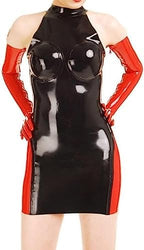 Red and Black Sexy Latex Dress with Back Zipper Glued Breasts Rubber + Gloves,Custom Color,Medium
