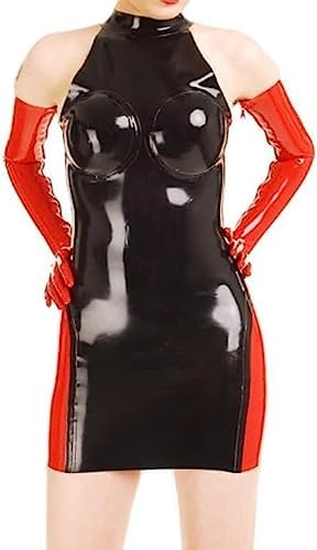 Red and Black Sexy Latex Dress with Back Zipper Glued Breasts Rubber + Gloves,Custom Color,Medium