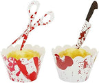 Halloween Cupcake Toppers Wrappers, Horror Cake Halloween Decoration Bloodstain Cake Knife Scissors Food Decor Party Supplies (12 sets (24pcs))