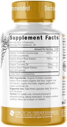 Nutri Organic Turmeric Curcumin Supplement 1425mg - 40x More Bioavailable - 95% Pure Curcuminoids - with Black Pepper, Ginger & Turmeric Oil - 90 Count Capsules, 3rd Party Tested