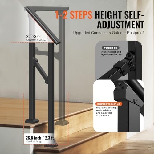 VEVOR Handrails for Outdoor Steps, 1 Step Stair Hand Rail Kit, Transitional Carbon Steel Railings with Installation Kit, Stair Rails for Seniors, Concrete Steps & Porch & Deck, Black Square Tube