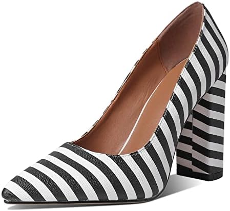 Lutalica W Women's Stylish Pointed Toe PU Leather Handmade Comfort Slip On 4IN Chunky Heel Dress Pumps Shoes for Office Party Wedding