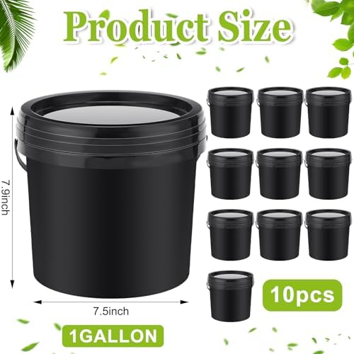 Gerrii 10 Pack Black 1 Gallon Plastic Bucket with Handle and Lid Food Storage Bucket Containers All Purpose Pail for Paint Water Art Crafts Projects Garage Organization
