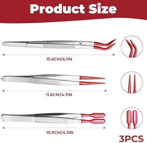 3 PCS Tweezers with Rubber Tips - Long Tweezers for Crafts Stainless Steel Bent Flat and Pointed Precision Tweezer for Stamps Coins Jewelry Crafts Industrial Electronic Lab