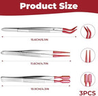 3 PCS Tweezers with Rubber Tips - Long Tweezers for Crafts Stainless Steel Bent Flat and Pointed Precision Tweezer for Stamps Coins Jewelry Crafts Industrial Electronic Lab