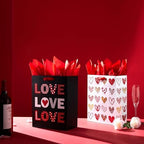 SUNCOLOR Large Valentine's Day Gift Bags with Tissue Paper, Red and White Love Heart Design, 13x10.2x4.9 Inches, 2 Pack with 6 Tissue Sheets