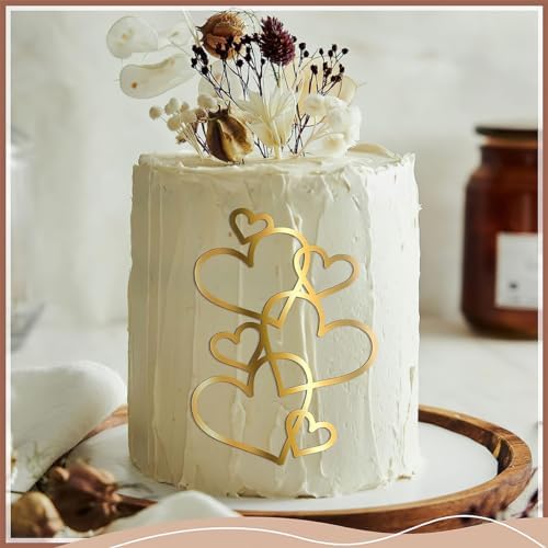 10Pcs Gold Heart Cake Toppers Valentine's Day Wedding Acrylic Heart Shaped Love Cupcake Dessert Toppers Cake Decorations for Birthday Anniversary Engagement Bridal Shower Party Cake Décor