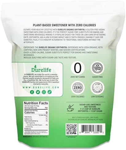 Durelife USDA organic erythritol sweetener, non gmo verified, Keto certified, No After Taste, Kosher, Zero Calorie Plant-Based Sugar Alternative 5 LB