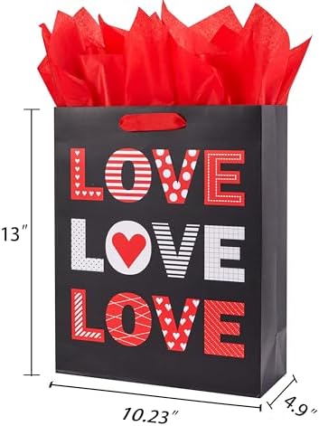 SUNCOLOR Large Valentine's Day Gift Bags with Tissue Paper, Red and White Love Heart Design, 13x10.2x4.9 Inches, 2 Pack with 6 Tissue Sheets