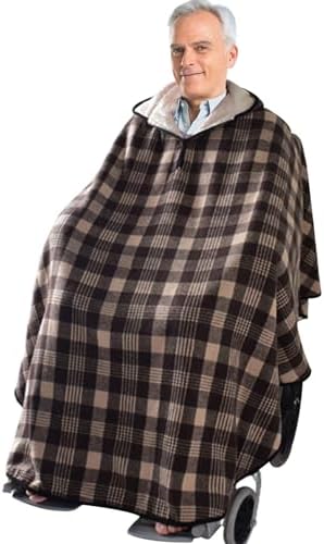 Wheelchair Poncho Coat for Adults, Warm Windproof Fleece-Lined Checkered Winter Wheelchair Blanket with Hood for Men and Women, Water Resistant Outdoor Use