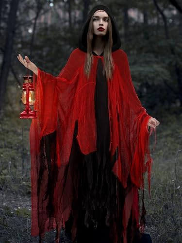 Geyoga Grim Reaper Costume Scary Hooded Cape Witch Costume Hooded Cape for Adult Women Man Cosplay Props
