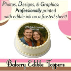 CUSTOM EDIBLE PHOTO CAKE TOPPER: Make Your Celebration Truly One-Of-A-Kind! Upload Your Photos for an Eye-Catching, Personalized Topper. Add a Burn-Away Topper or Photo Cup. 5", 6", 7", 8", or 9" rnd