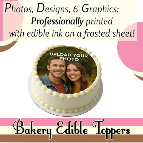 CUSTOM EDIBLE PHOTO CAKE TOPPER: Make Your Celebration Truly One-Of-A-Kind! Upload Your Photos for an Eye-Catching, Personalized Topper. Add a Burn-Away Topper or Photo Cup. 5", 6", 7", 8", or 9" rnd
