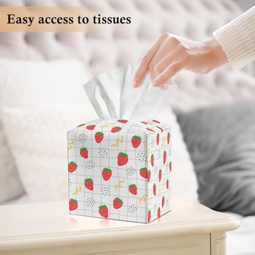 Strawberry Tissue Box Covers Square, Leather Tissue Box Holders Decorative for Car Nightstand Home Office Bathroom Organizer, Square Facial Paper Organizer Home Decor -016