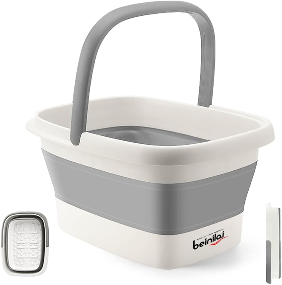 Beinilai Collapsible Foot Bath Basin for Soaking Feet,Foot Soak Tub,Plastic Foot Bucket with Handles and Massage Acupoint,Foldable Laundry Basket-Gery