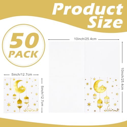 RUSPEPA 50 Pcs Eid Mubarak Paper Napkins, White Gold Crescent Moon, Lantern and Star Design, Islamic Ramadan Disposable Cocktail Napkins for Eid, Ramadan, Muslim Celebration Table Decor, 5 x 5 Inch