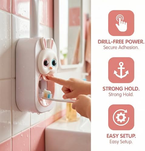 FOMIYES Automatic Toothpaste Dispenser Wall Mounted Toothpaste Squeezer No Drilling Required Cute Bunny Squeezer for Kids Family