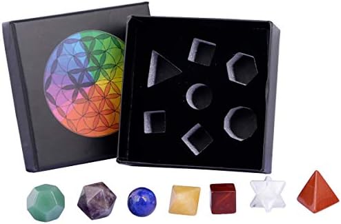 mookaitedecor 7 Chakra Crystal Platonic Solids Sacred Geometry Set, Polished Tumbled Stones with Merkaba Star Kit for Reiki Healing and Meditation