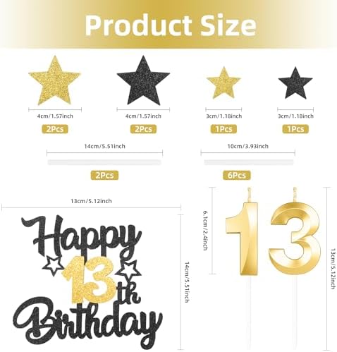 Boys Girls 11th Happy Birthday Candles Cake Toppers,Number 11 Candle for Cake,Black Gold Candles for Women Men Birthday Decorations,Star Cake Toppers for Birthday Party Wedding Anniversary