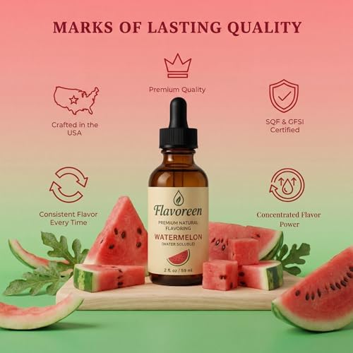 Flavoreen Watermelon Extract – Highly Concentrated Liquid Flavoring - Water Soluble - for Drinks, Candy Making, Baking, Icing & Sodas – Premium Watermelon Fruit Flavor – Made in USA (Amber Glass Dropper Bottle)