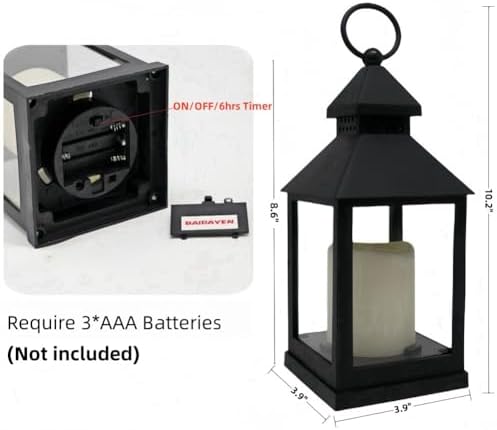 2 Pack 10.2” Candle Lanterns Decorative Indoor Hanging Lanterns with Warm Flickering LED Candle 6 Hours Timer,Black Battery Powered Candle Lantern Table Centerpiece Mantle Shelf Home Decor