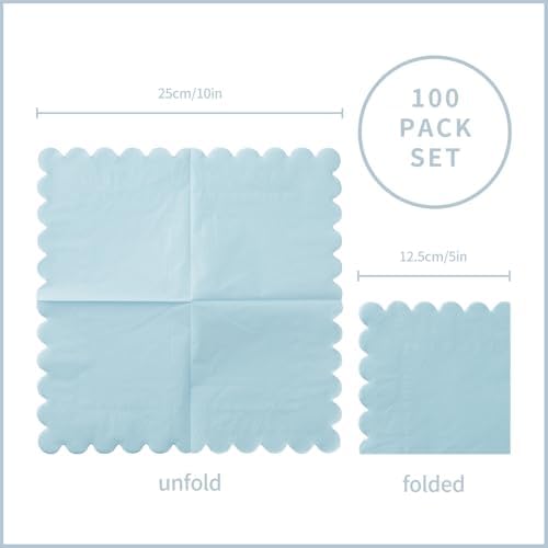 100 Pack Cocktail Napkin 2-Ply Scalloped Edged Dessert Napkins Folded 5 x 5 Inches Disposable Napkins for Dinner Wedding Birthday Party Bridal Anniversary Reception Event (Light Blue)