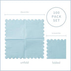 100 Pack Cocktail Napkin 2-Ply Scalloped Edged Dessert Napkins Folded 5 x 5 Inches Disposable Napkins for Dinner Wedding Birthday Party Bridal Anniversary Reception Event (Light Blue)