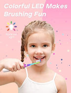 SEAGO Kids Electric Toothbrush with 2 Mins Brushing Timer and 4 Replacement Brush Heads, Rainbow LED Light Makes Brushing Fun, Boys Battery Powered Toothbrush for 4-12 Years Old，SG-977（Pink）