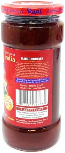 Rani Hot Mango Chutney (Spicy Indian Preserve) 18oz (1.1lbs) 500g Glass Jar, Ready to eat, Vegan ~ Gluten Free, All Natural, NON-GMO