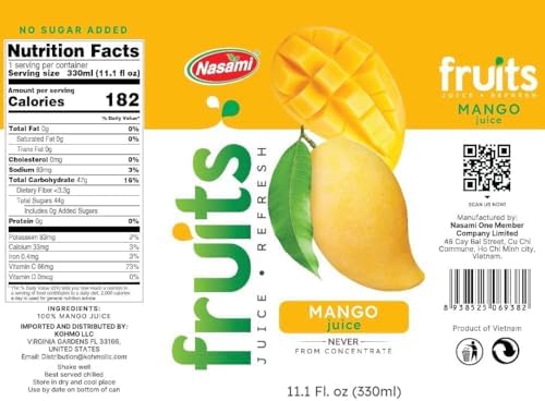 Mango Juice 100% – Not From Concentrate, No Sugar Added, Natural Fruit Drink, 11.1 fl oz (330ml) Cans, Pack of 24