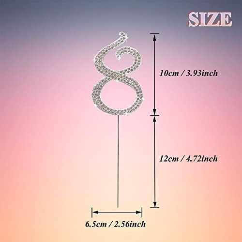 Cake Topper Silver Metal Number 8, Diamond Cake Decoration with Sparkle Rhinestone for Birthday Wedding Anniversary Party
