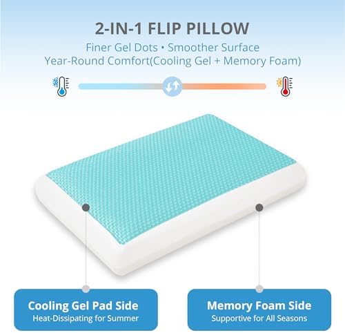 Cooling Pillow for Sleeping, Gel Memory Foam Pillow with Reversible Cover, Neck Support for Side, Back and Stomach Sleepers, Removable & Machine Washable Cover, Bed Pillows for Hot Sleepers, Blue
