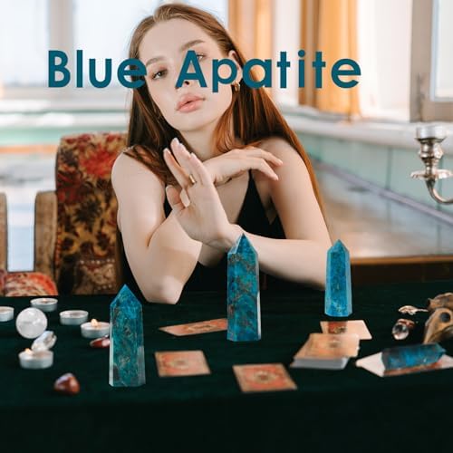 Runyangshi Blue Apatite Natural Crystal Healing Wands, 2.8"-3.1" (7-8cm) Single Point Healing Crystal Wand 6 Faceted Reiki Chakra Stones Crystal Healing Prism for Reiki，Meditation Therapy Home Decor