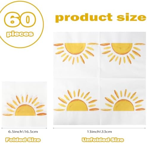 60Pcs Boho Sun Paper Napkins Sunshine Napkin Disposable First Trip Around The Sun Cocktail Dinner Napkins for Birthday Baby Shower Party Supplies Birthday Decorations (13" x 13")