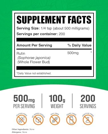BulkSupplements.com Rutin Powder - from Saphora Japonica, Rutin Supplement, Rutin 500mg - Antioxidants Supplement, Circulation Support - Pure & Natural, 500mg per Serving, 100g (3.5 oz)